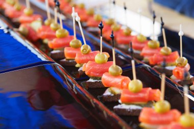 Şişte somon olan lezzetli atıştırmalıklar.