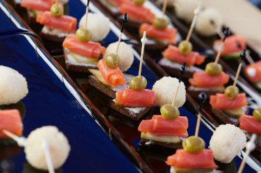 Şişte somon olan lezzetli atıştırmalıklar.