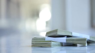 Kadın elleri dolar sayıyor ve masanın üstüne koyuyor.