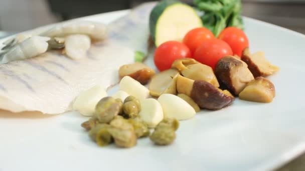 Closeup View Uncooked Fish Fillet Shrimps Vegetables White Plate — Stock Video