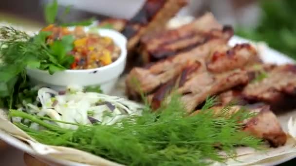 Tasty Fried Pork Ribs Sauce Dill Parsley White Plate — Stock Video