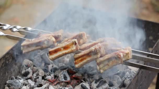 Schweinerippchen Spieß Auf Dem Grill Braten — Stockvideo