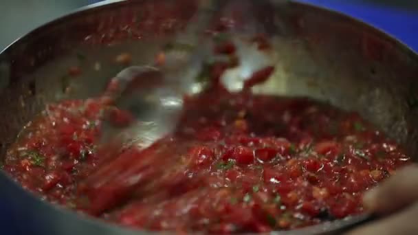 Primo Piano Vista Gustosa Salsa Rossa Con Pomodori Spezie — Video Stock