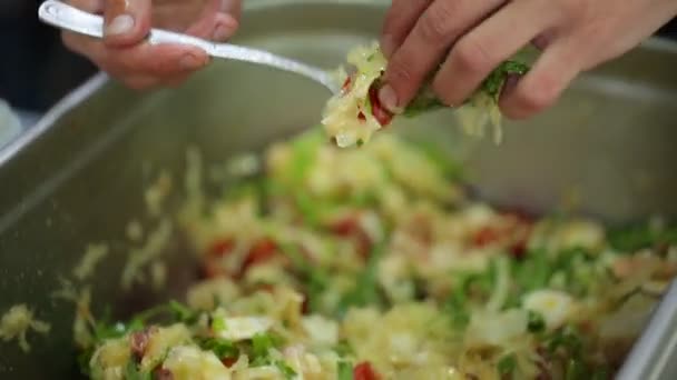 Cooking Salad Arugula Cherry Tomatoes Octopus Onion — Stock Video