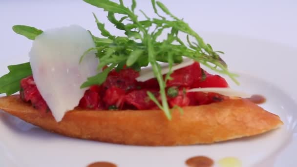 Delicious Sandwich Salmon Fish Pieces Arugula White Plate — Stock Video