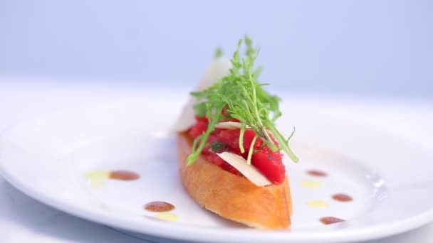 Delicious Sandwich Salmon Fish Pieces Arugula White Plate — Stock Video