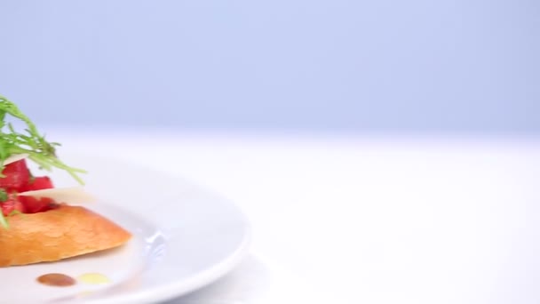Delicious Sandwich Salmon Fish Pieces Arugula White Plate — Stock Video