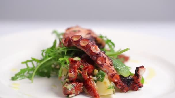 Leckeres Gericht Mit Kartoffeln Und Tintenfischen Auf Weißem Teller — Stockvideo
