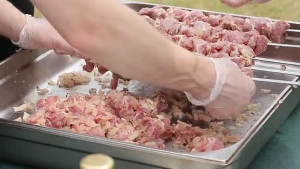 Pessoas Colocar Pedaços Carne Fresca Espetos — Vídeo de Stock