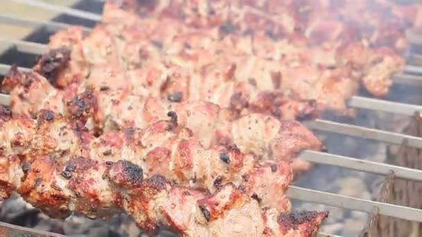 Läckra Kebab Spett Grillen Närbild — Stockvideo