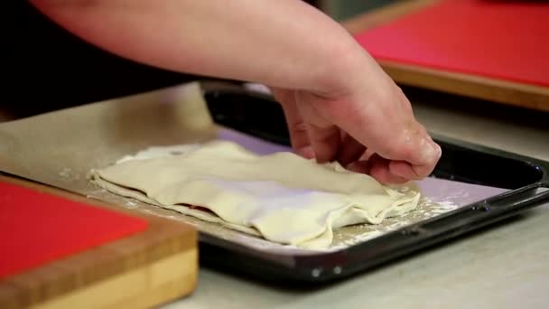 女性はイチゴを生地にしておいしいパイを作る — ストック動画