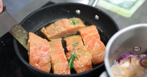 Lachs Rote Fischstücke Der Pfanne Gebraten — Stockvideo