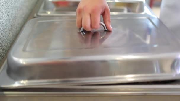 Chef Checking Dishes Silver Food Containers — Stock Video