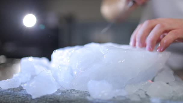 Person Crushing Ice Knife Kitchen — Stock Video