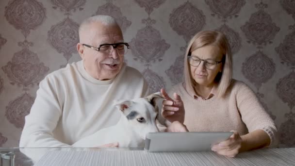 眼鏡の女性は夫が座っている現代のタブレットを使い — ストック動画