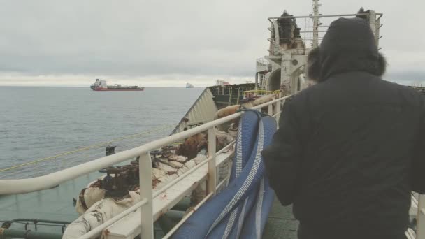 Homem caminha ao longo de grande petroleiro invadindo famoso porto industrial — Vídeo de Stock