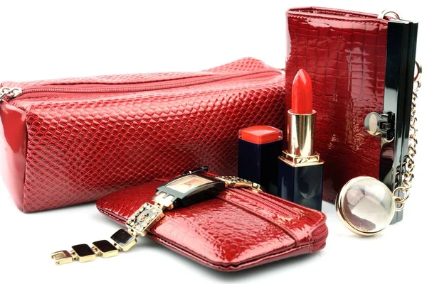 Female Red Accessories Cosmetic Bag Housekeeper Lipstick Watch Purse Objects — Stock Photo, Image