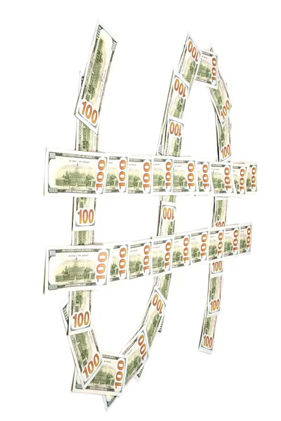 在一个白色的背景 100 美元的钞票 一个标志被放置 标志着在印刷文本美元 — 图库照片