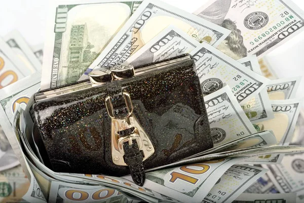 Objects are a lot of money bills. One hundred dollar bills are on a wallet purse.