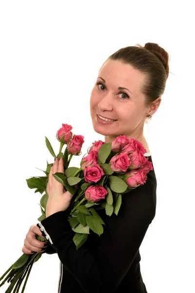 Portrait Middle Aged Woman Large Flowers Pink Color Roses Enigmatic Royalty Free Stock Photos