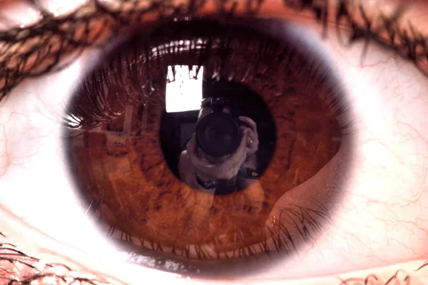 Weibliche Offene Braune Augen Mit Spiegelung Der Pupille Der Kamera — Stockfoto