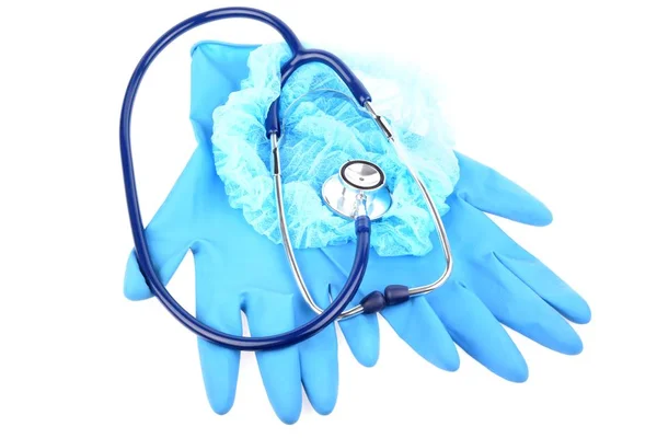 Objecten Witte Achtergrond Leugen Stethoscoop Doctor Pet Blauwe Latex Handschoenen — Stockfoto