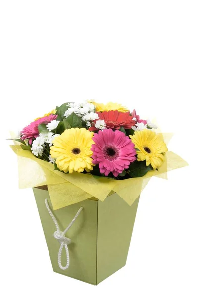 White Background Bouquet Beautiful Multi Colored Gerbera Flowers Gift Box — Stock Photo, Image