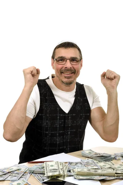 Een Zeer Tevreden Joodse Man Een Keppeltje Bril Zit Aan — Stockfoto