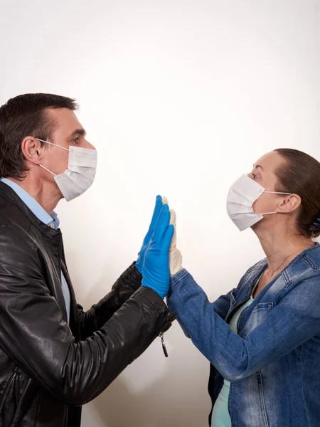 People Man Woman Medical Masks Communicate Each Other Hold Each — Stock Photo, Image
