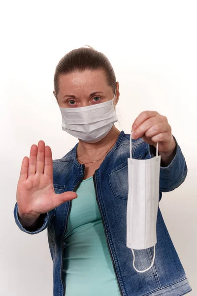 Woman Medical Mask Raised Her Hand Prohibitive Gesture Shows Her — Stock Photo, Image