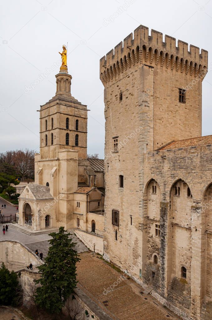 Avignon, France. fortified city residence of the Popes in the 13th century, it is crossed by the Rhone river. View of the Palace of the Popes and the cathedral of Notre-Dame des Doms.