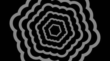 Siyah-beyaz, saat yönünde dönen, tam ekran boyutunu 16: 9 video biçiminde ortadan kaybolmaya indirgeyen, stroboskopik ve hipnotik efektli grafiksel nesne.
