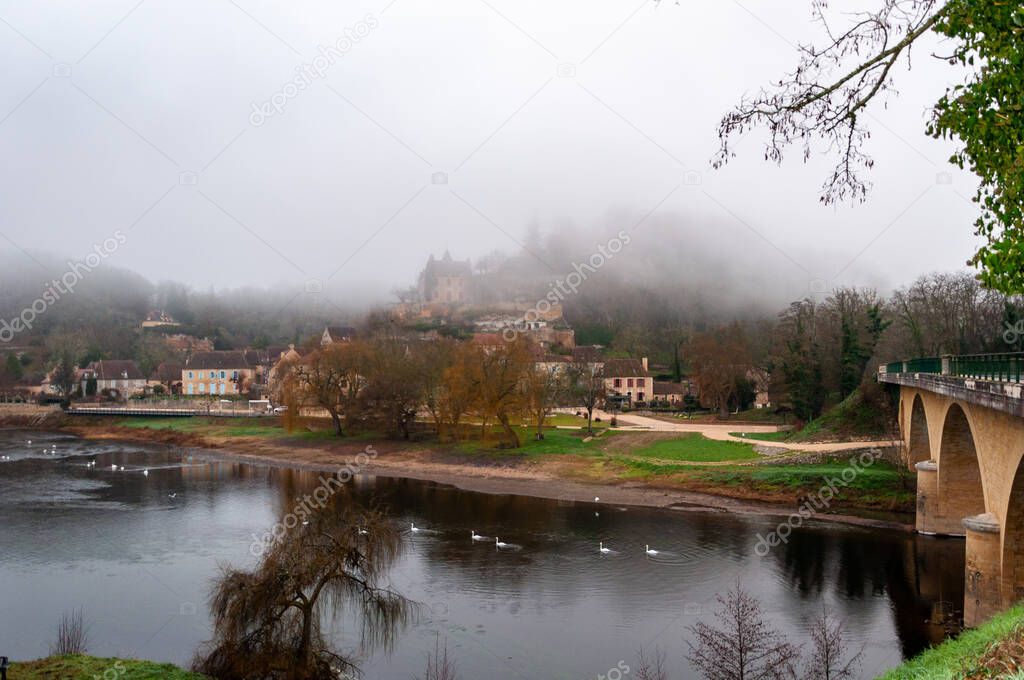 Parc Panoramique de Limeuil, in the Dordogne-Prigord region in Aquitaine, France. Medieval village with typical houses perched on the hill, overlooking the confluence of the Dordogne and Vzre rivers.