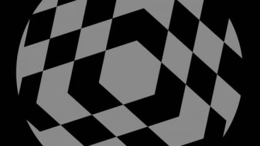 Siyah-beyaz, saat yönünde dönen, tam ekran boyutunu 16: 9 video biçiminde ortadan kaybolmaya indirgeyen, stroboskopik ve hipnotik efektli grafiksel nesne.