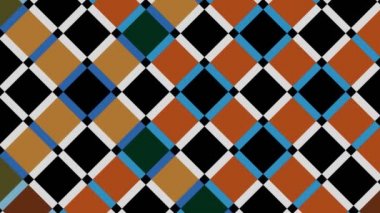 Eşkenar dörtgenler sağ altta hareket ederken, 4k 16: 9 biçiminde çok renkli dokulardan oluşan grafiksel 2d video deseni.