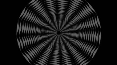 Saat yönünde dönerken ve boyutu 16: 9 video biçiminde artarken, stroboskopik ve hipnotik efektli siyah beyaz çizim