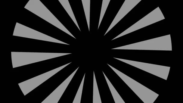 黒と白のグラフィックオブジェクトは 16時9分ビデオフォーマットで フルスクリーンから中央に消えるまでのサイズを時計回りに減少させるストロボスコープと催眠効果 — ストック動画