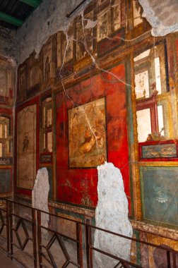 Pompeii, dünyanın en iyi korunmuş arkeolojik alanı, İtalya. Evdeki duvarda freskler var..