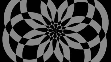 Siyah-beyaz, saat yönünde dönen, tam ekran boyutunu 16: 9 video biçiminde ortadan kaybolmaya indirgeyen, stroboskopik ve hipnotik efektli grafiksel nesne.
