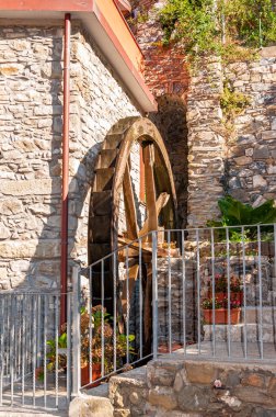 Manarola Cinque Terre, İtalya 'da. Görkemli köyde eski değirmen çarkı olan bir evin ayrıntıları. Uluslararası bir turizm merkezi. Deniz parkının el değmemiş doğasına batmış..