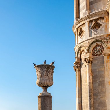 Eğik kulenin detayları ve Pisa 'daki Piazza dei Miracoli' deki katedralin kenarındaki sütunun amforası. Unesco 'nun dünyaca ünlü sitesi, güzel Toskana' da..