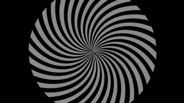 Objet graphique en noir et blanc avec effet stroboscopique et hypnotique, grossissant puis réduisant, sur un fond noir minimal au format vidéo 16 : 9 