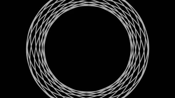 黒と白のグラフィックオブジェクトは 16時9分ビデオフォーマットで フルスクリーンから中央に消えるまでのサイズを時計回りに減少させるストロボスコープと催眠効果 — ストック動画