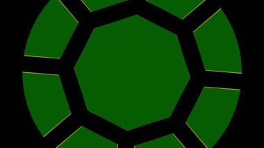 En az siyah arkaplan üzerinde renkli grafik nesne, tam ekrandan sıfıra boyutu küçülterek saat yönünde döndürür, sonra tam ekrana geri döner.