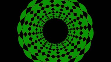 En az siyah arkaplan üzerinde renkli grafik nesne, tam ekrandan sıfıra boyutu küçülterek saat yönünde döndürür, sonra tam ekrana geri döner.