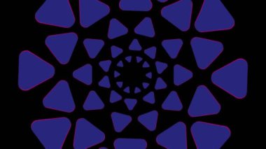 En az siyah arkaplan üzerinde renkli grafik nesne, tam ekrandan sıfıra boyutu küçülterek saat yönünde döndürür, sonra tam ekrana geri döner.