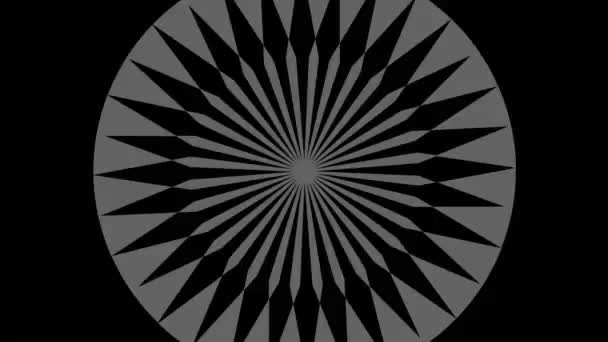 Objet graphique en noir et blanc avec effet stroboscopique et hypnotique, qui tourne dans le sens horaire en diminuant la taille du plein écran à disparaître au centre, au format vidéo 16 : 9