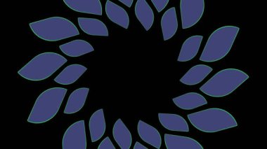En az siyah arkaplan üzerinde renkli grafik nesne, tam ekrandan sıfıra boyutu küçülterek saat yönünde döndürür, sonra tam ekrana geri döner.