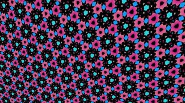 Geometrik şekilli küçük siyah arkaplan üzerinde renk deseni, yatay ve dikey eğimli, başlangıçta soldan sağa hareket ediyor, geometrik şekillerden oluşuyor..