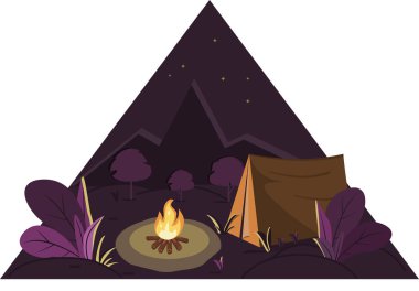 Dağların arka planındaki yürüyüş gezisinde gece kamp ateşi.